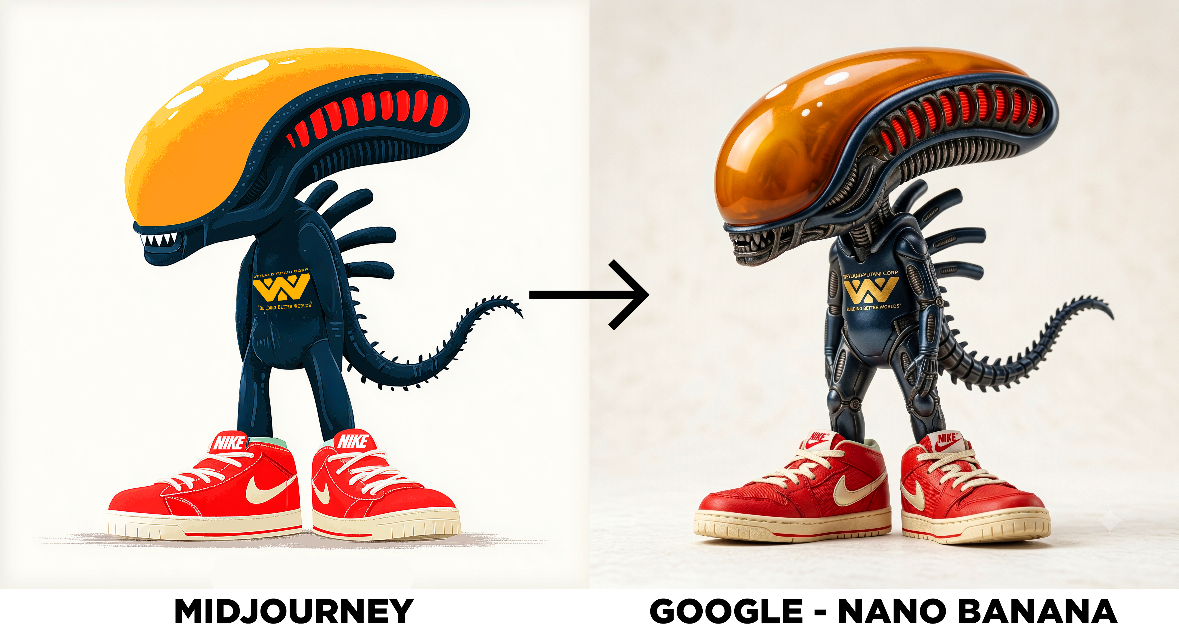 Xenomorph wearing Nike sneakers --ar 1:1 --raw --sref 124845