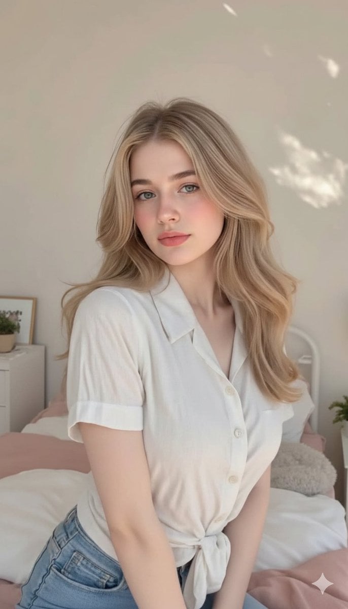 Cute, innocent young adult blonde woman sitting comfortably