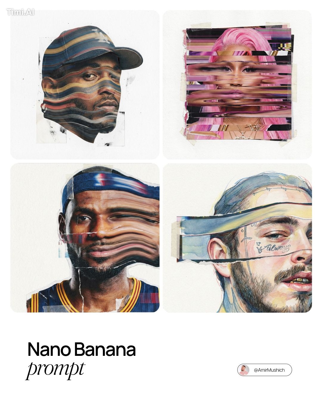 A surreal mixed-media portrait of [PERSON], set against a cl
