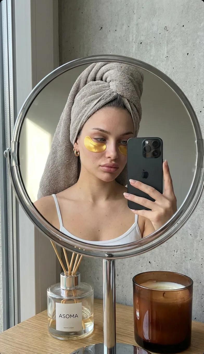 A highly realistic mirror selfie of a young woman taken thro
