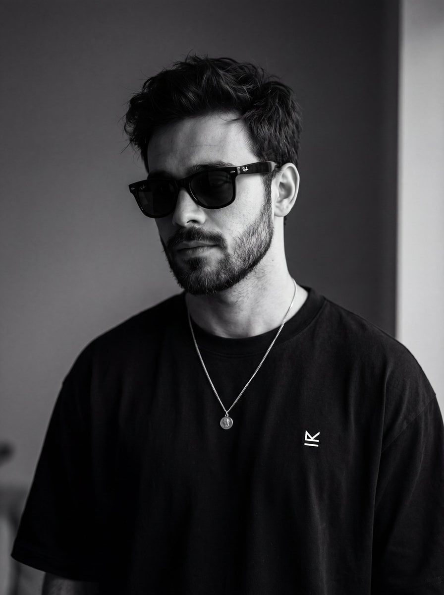 Ultra-realistic monochrome portrait of a young man wearing b