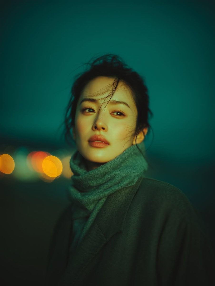 A cinematic night-time portrait of a young woman standing ou