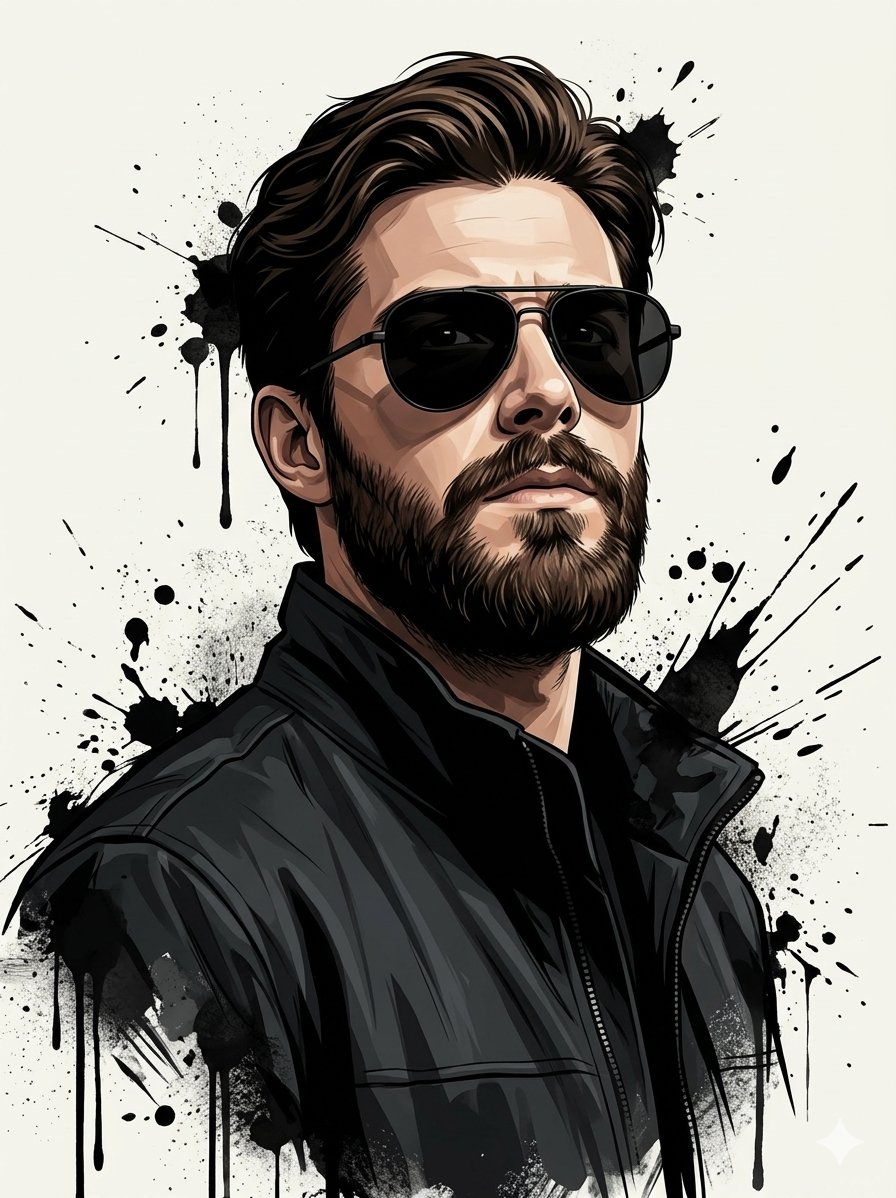 A stylish man with a thick beard wearing black sunglasses a