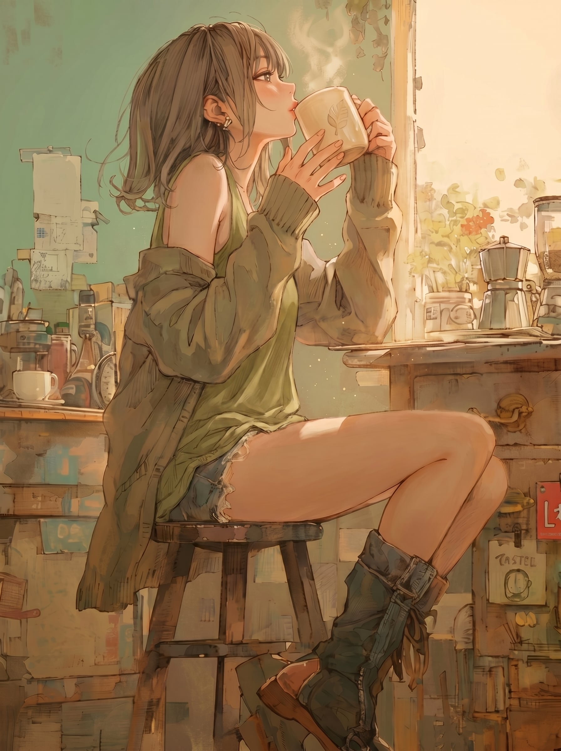 Scene and Action: A young woman with a short, neat haircut s