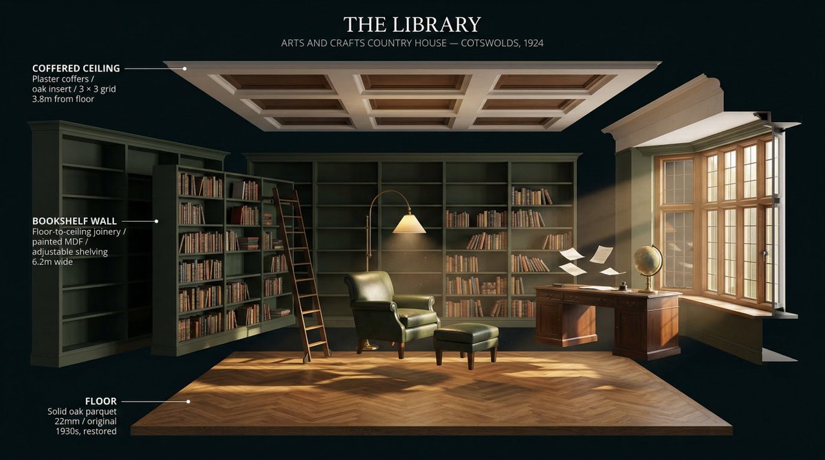 [ROOM TYPE] pulled apart in 3D, every surface and object flo