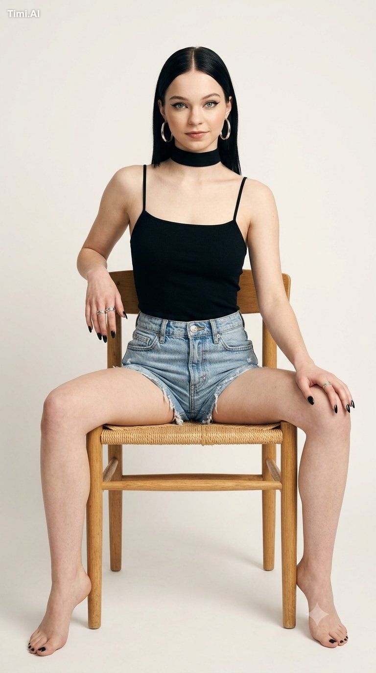 A full-length studio editorial portrait of [NAME] with strai