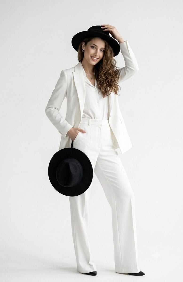 A full-length studio portrait of a confident, smiling woman
