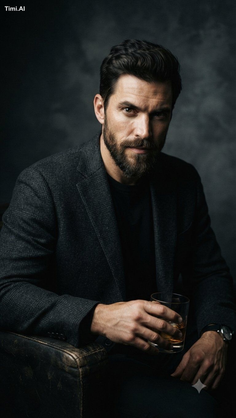A high-quality, cinematic portrait of a sophisticated, hands