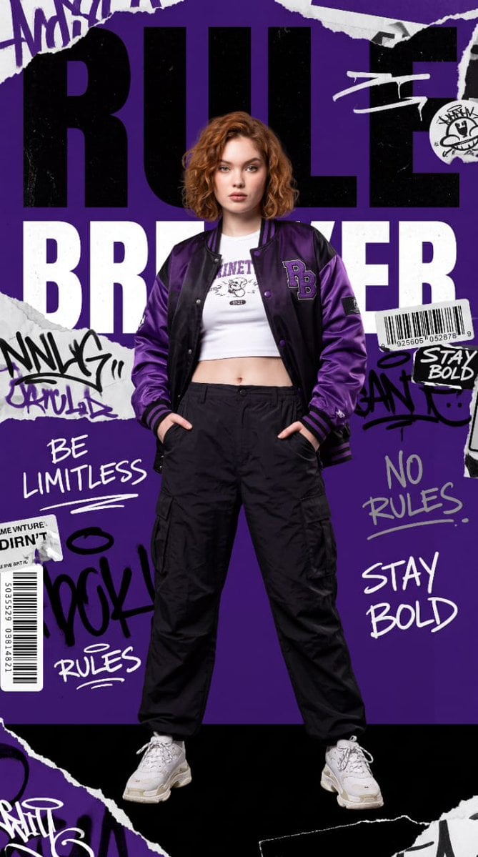 Create a high-fashion streetwear editorial poster featuring