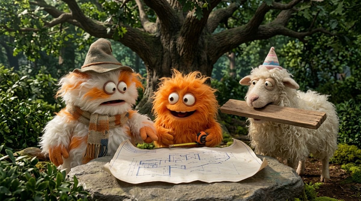 Create a funny 4-part story featuring 3 fluffy creatures bui