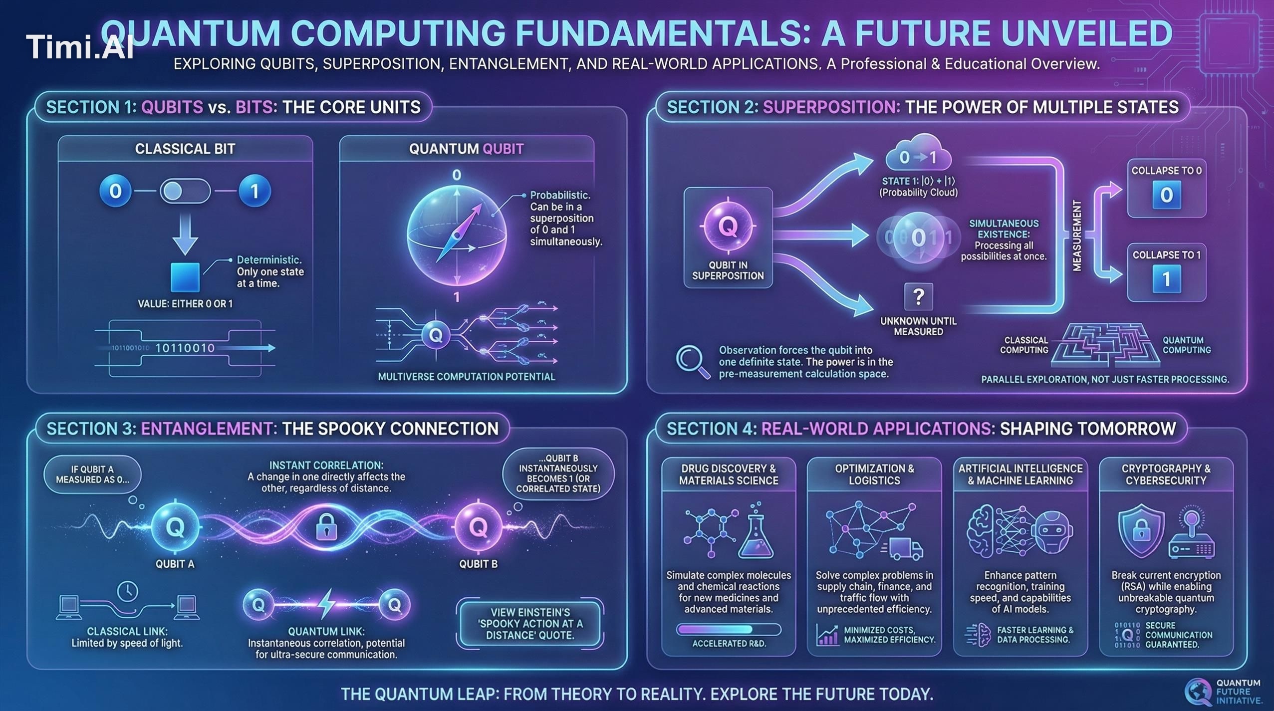 Create a sleek infographic poster explaining quantum computi