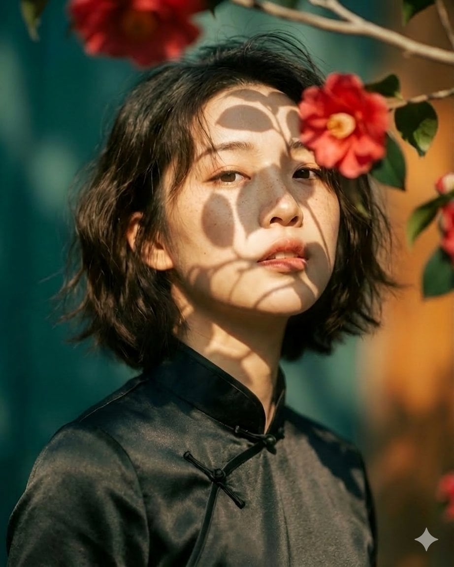 Artistic portrait of an elegant Asian woman wearing a black 