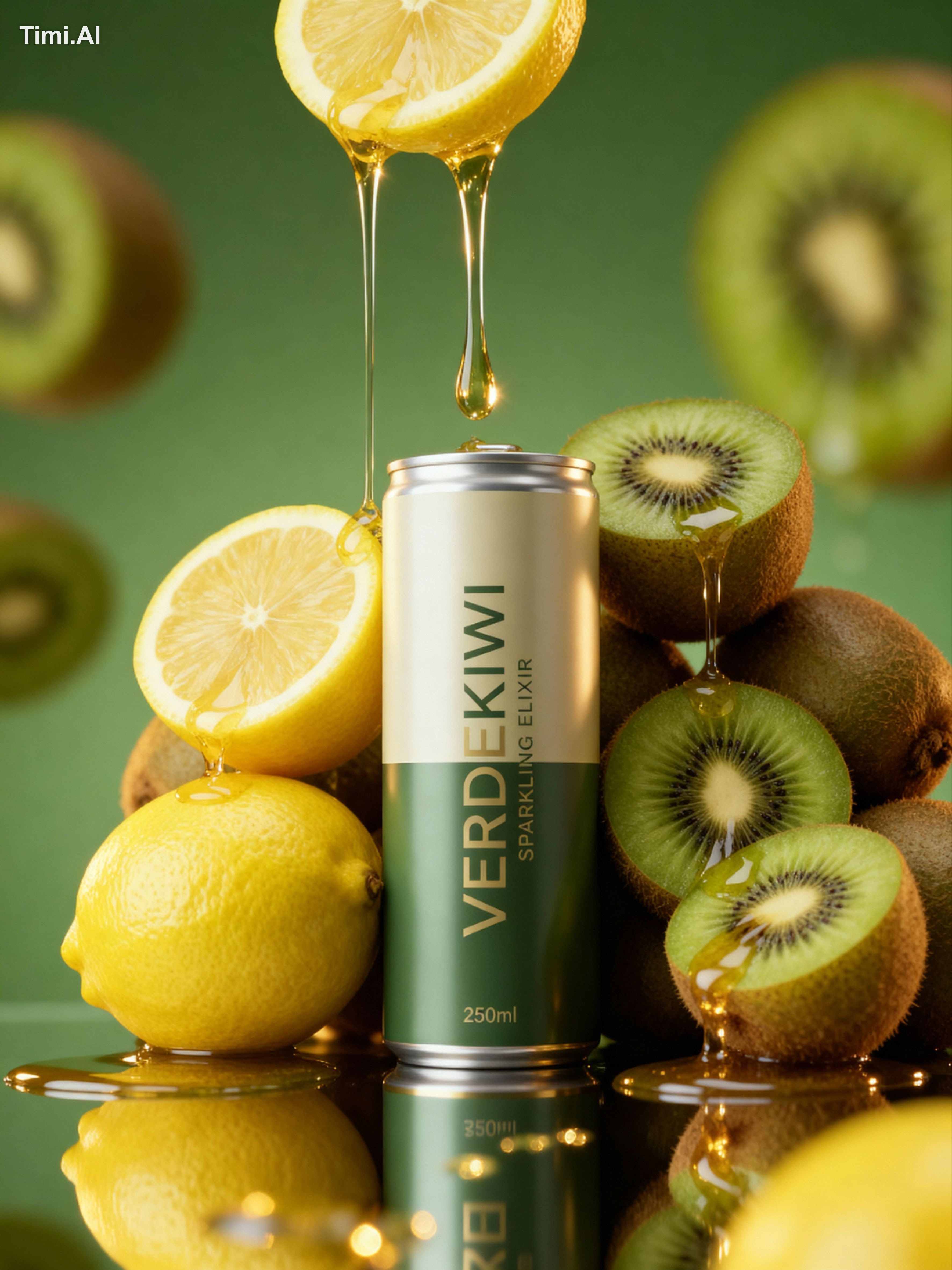 A luxury product image of a 250ml slim soda can, surrounded 