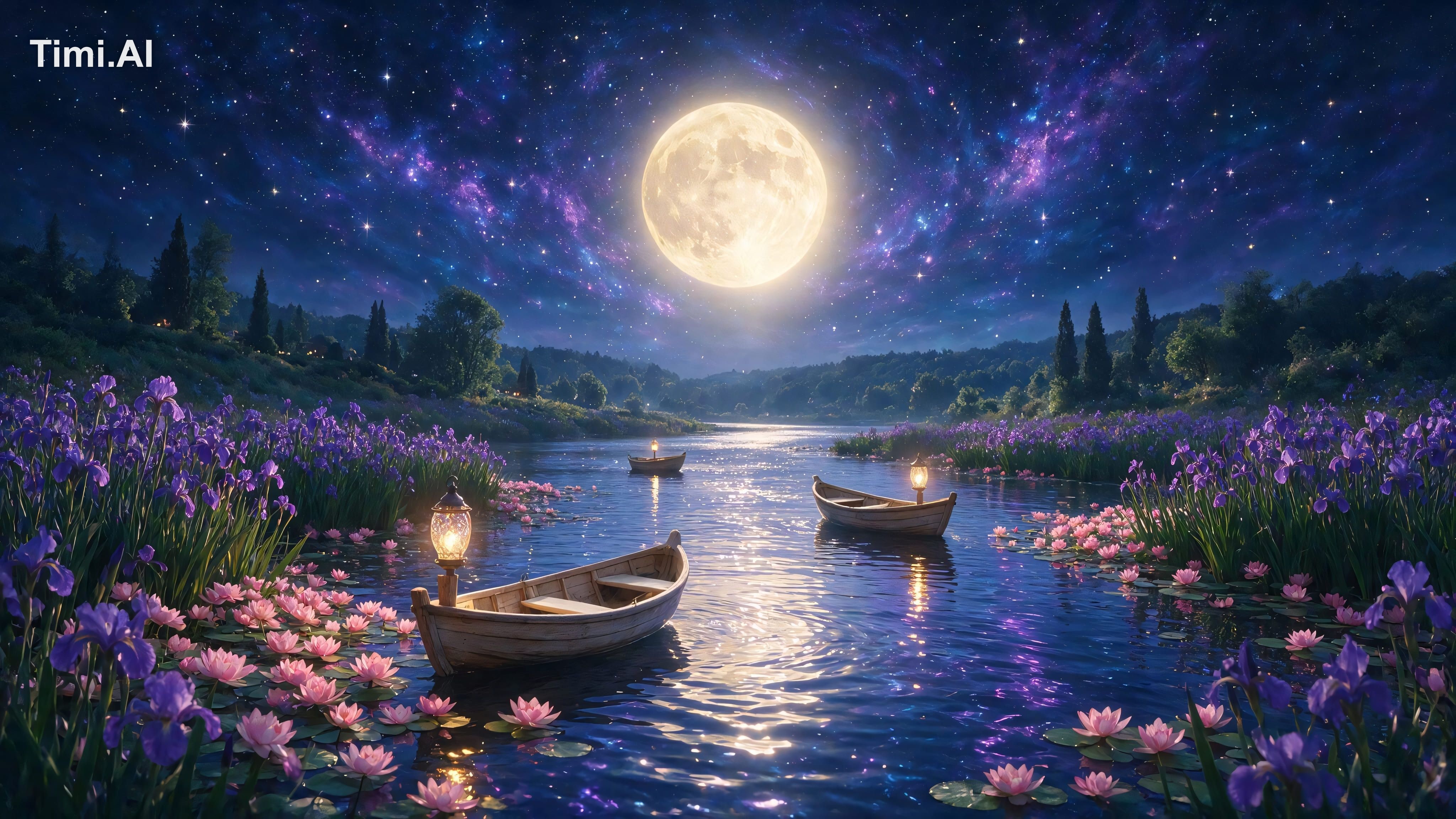 A magical, dreamlike night scene featuring a serene river li