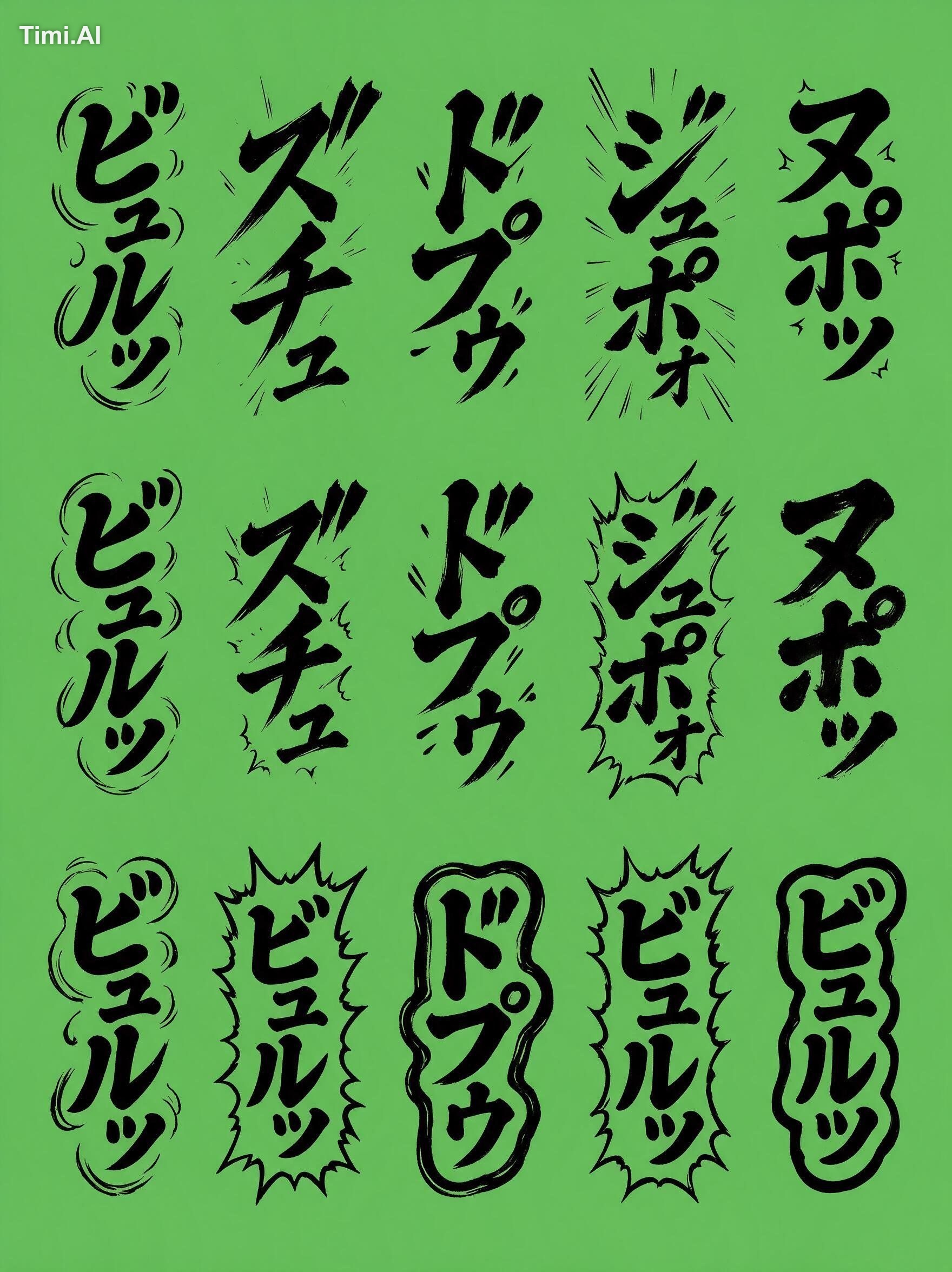 日本の縦書き漫画の描き文字・オノマトペ。同じもので３パターン。 背景はグリーンバック（切り抜きやすいように）、文字は黒一