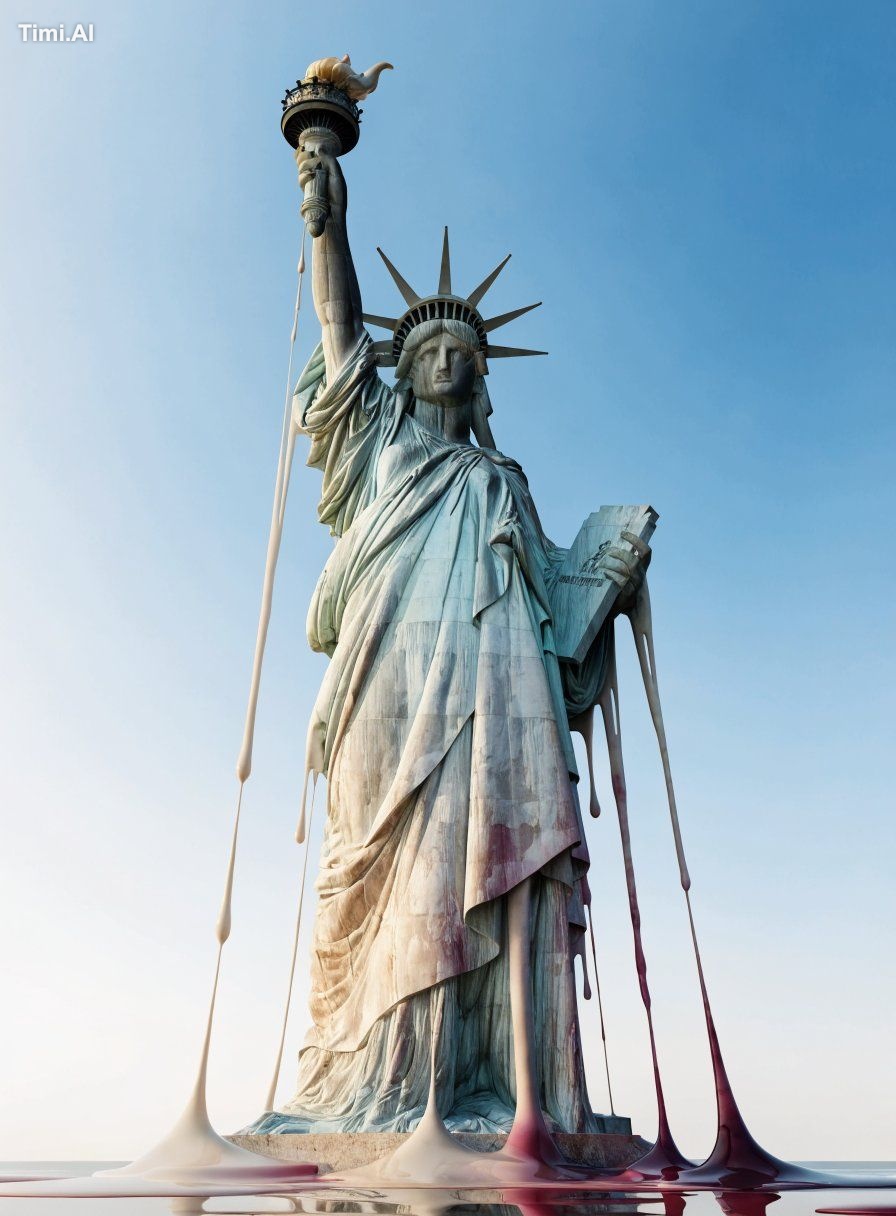 Cinematic wide shot showing the ENTIRE Statue of Liberty fro