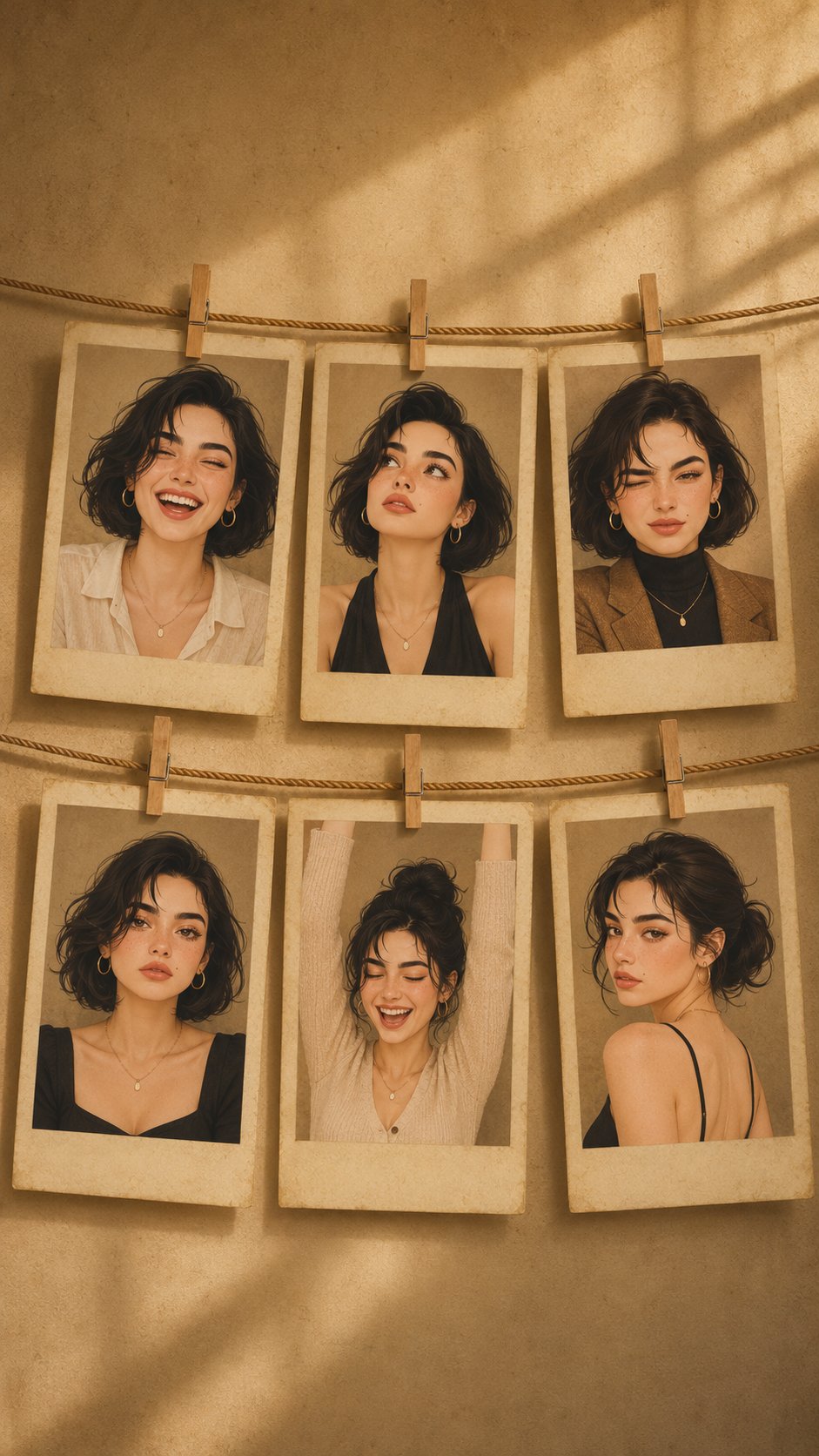 Create a warm vintage aesthetic collage featuring six Polaro