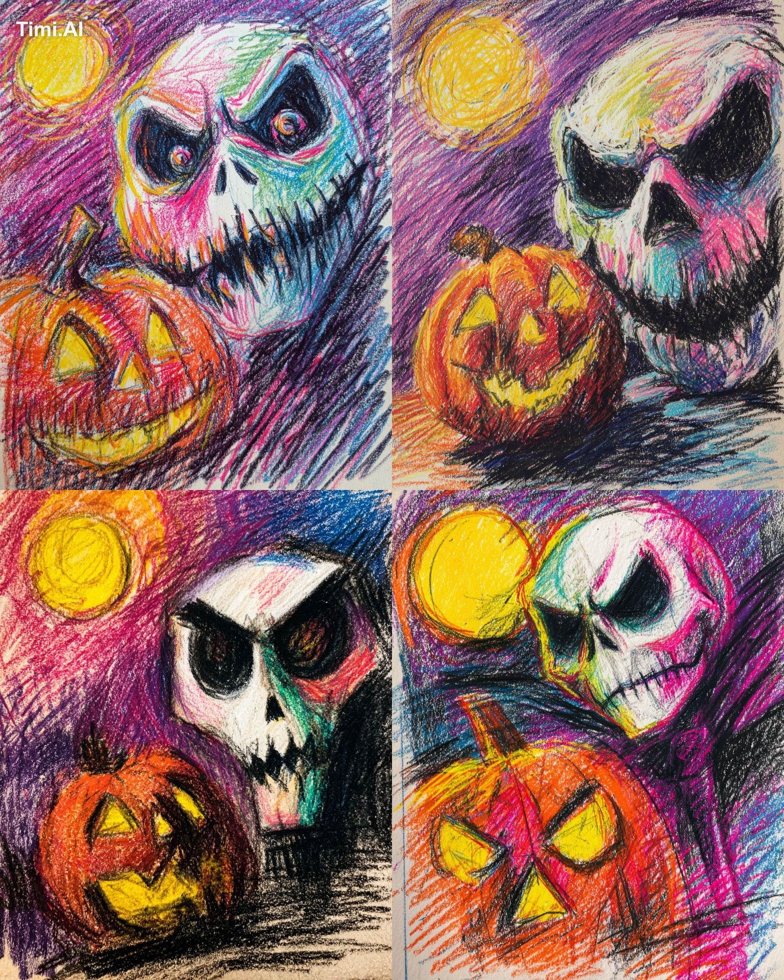A vibrant, expressive sketch using crayon and colored pencil