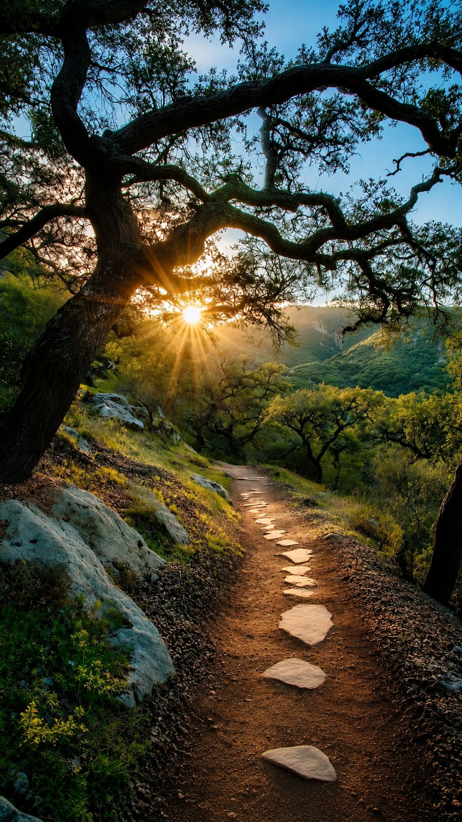 Cinematic nature photography of a winding forest trail at go