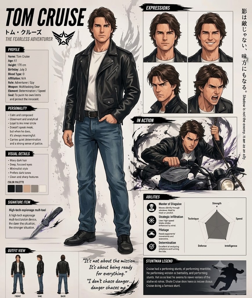 Anime-style character reference sheet of Tom Cruise on a par