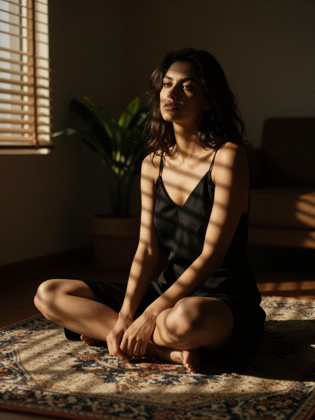 A woman sits cross-legged on a patterned rug within a dimly