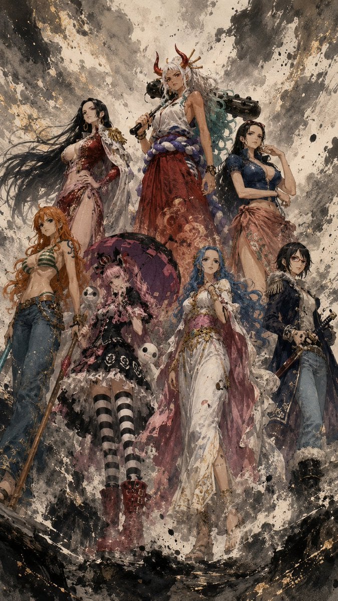 比例:9:16
风格:水墨+油画
人物:ONE PIECE中的Nami、Hancock、Robin、Perona、Yam