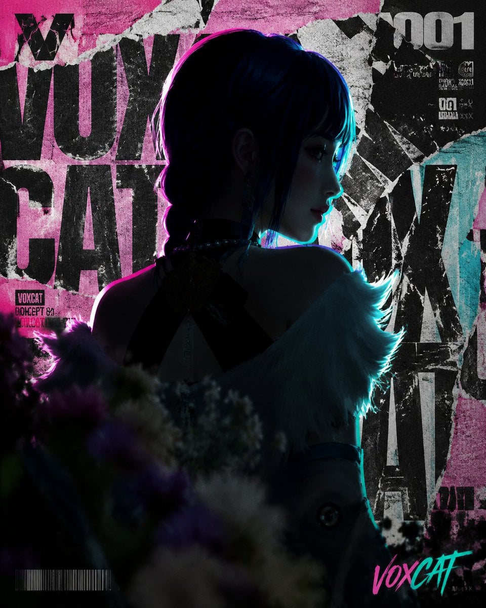 原创 VOXCAT 成年角色作为高概念科幻人物肖像,衣服吊牌写 VOXCAT,左上角 stylized V + 猫元素