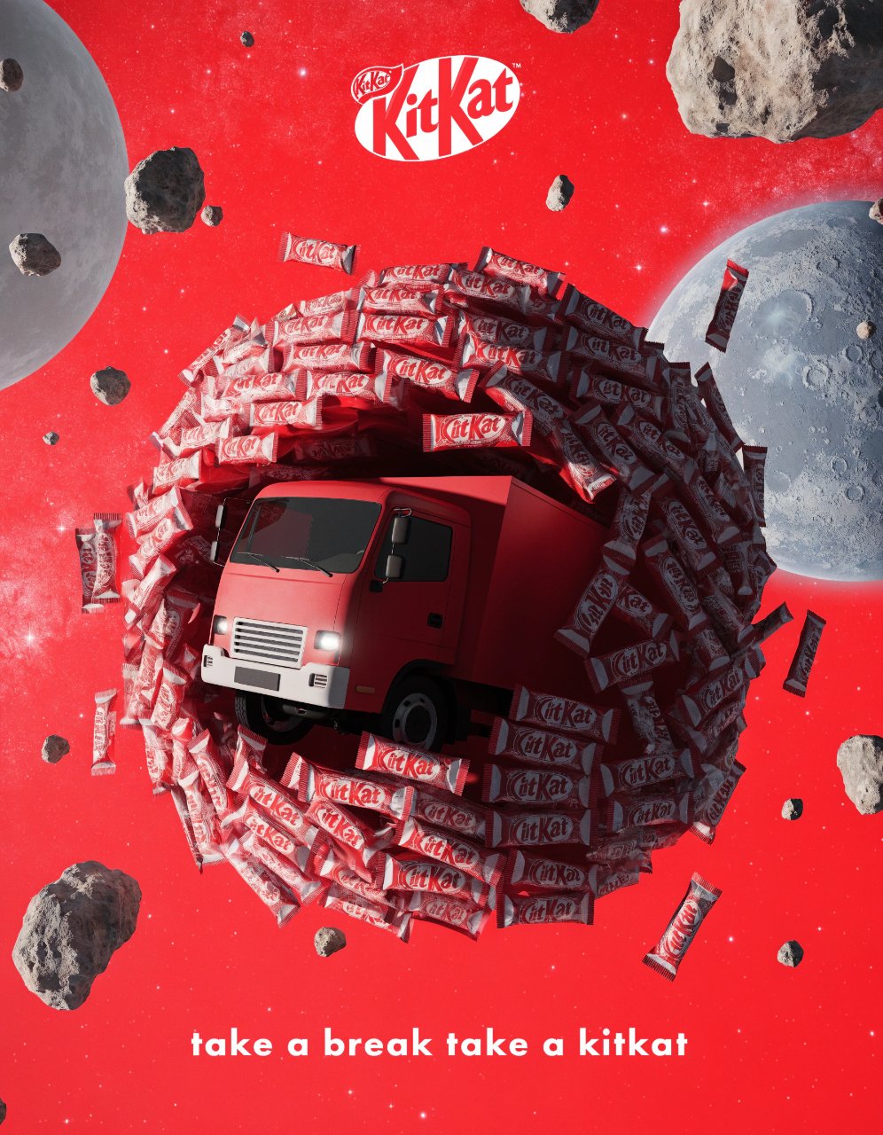 Creative 3D ad for [a kitkat big red truck lost in the space