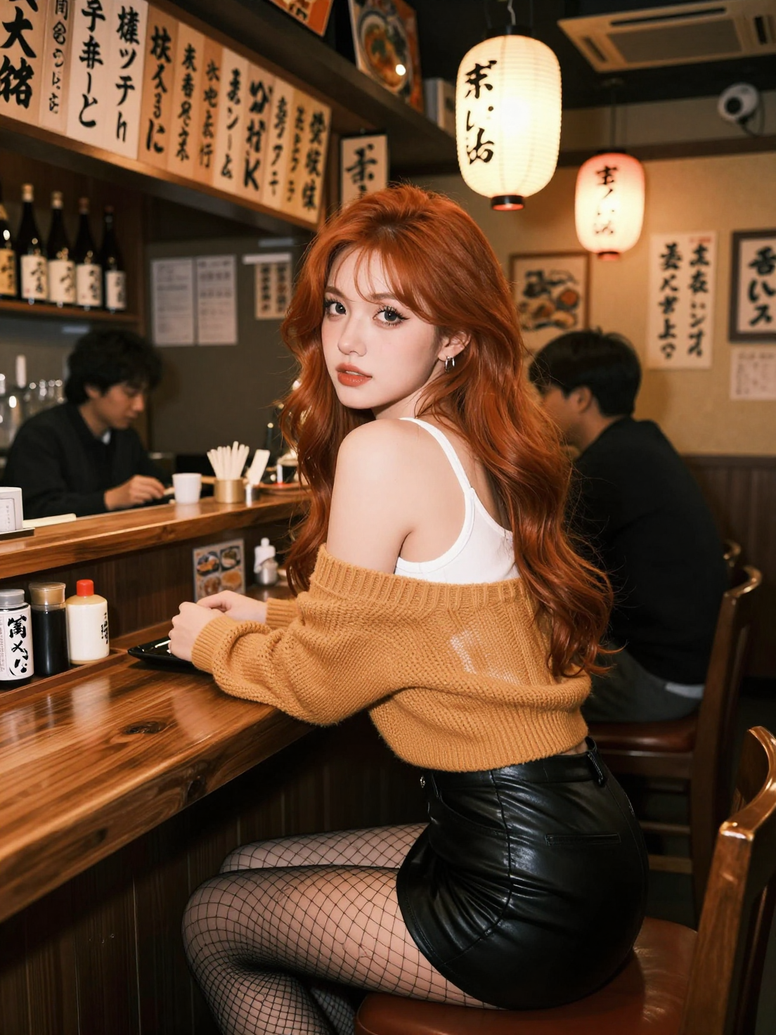A beautiful young Irish female android with long honey red w