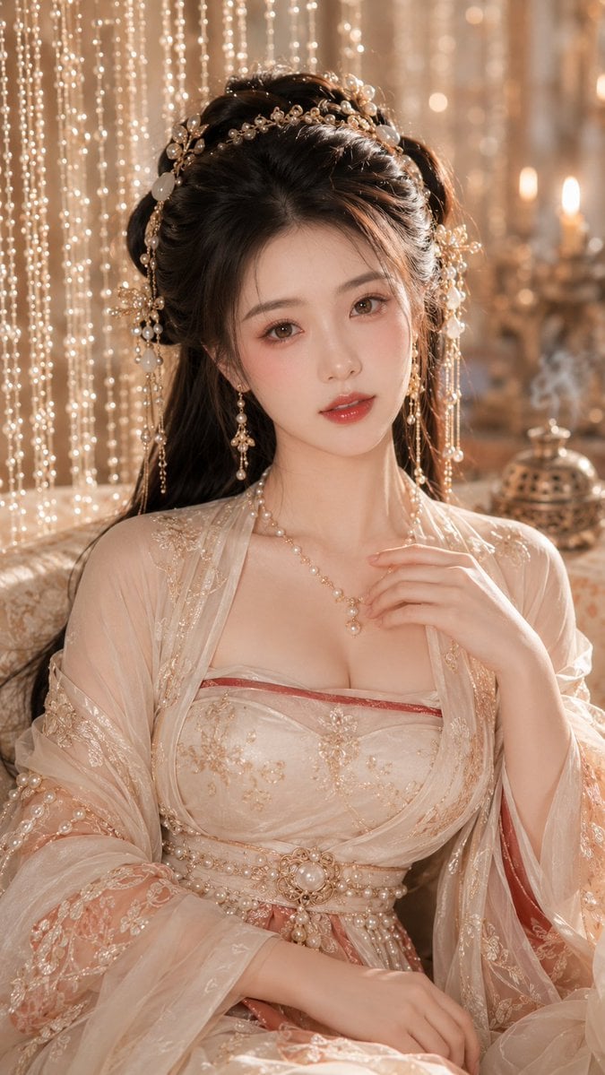 9:16 竖版,古风贵女高级水光美妆写真,唐风闺阁贵女人像,大半身近景,正面微侧构图,人物坐在华丽软榻或闺阁座椅上,脸部