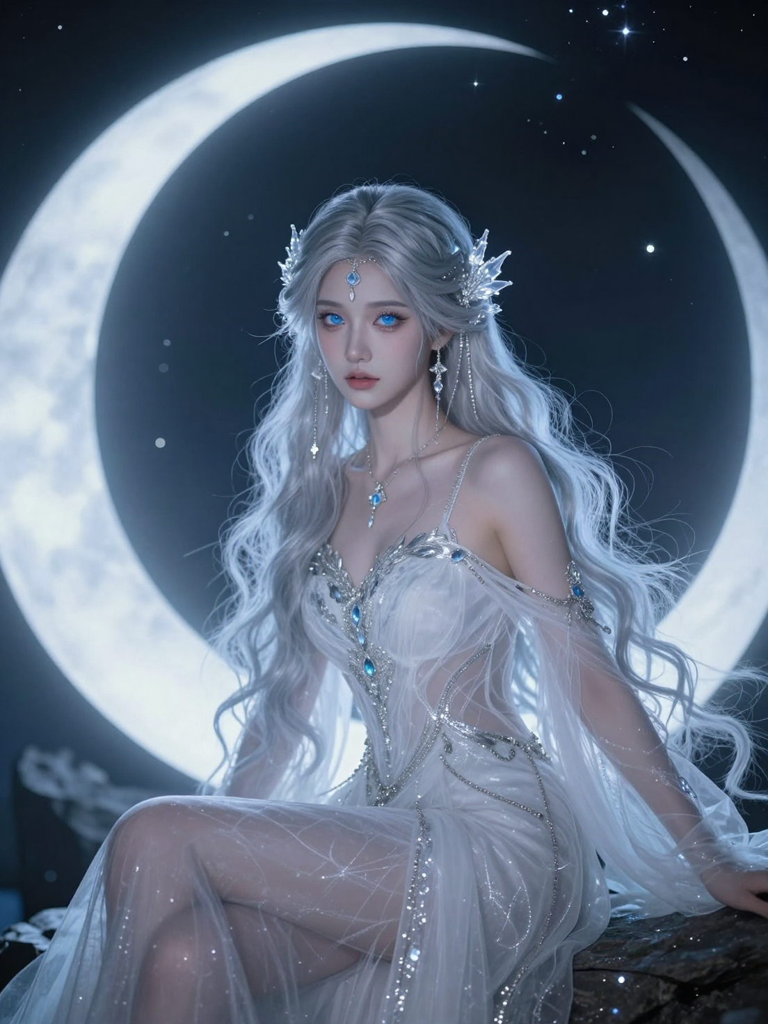 hyperrealistic portrait of ethereal ice goddess, long silver