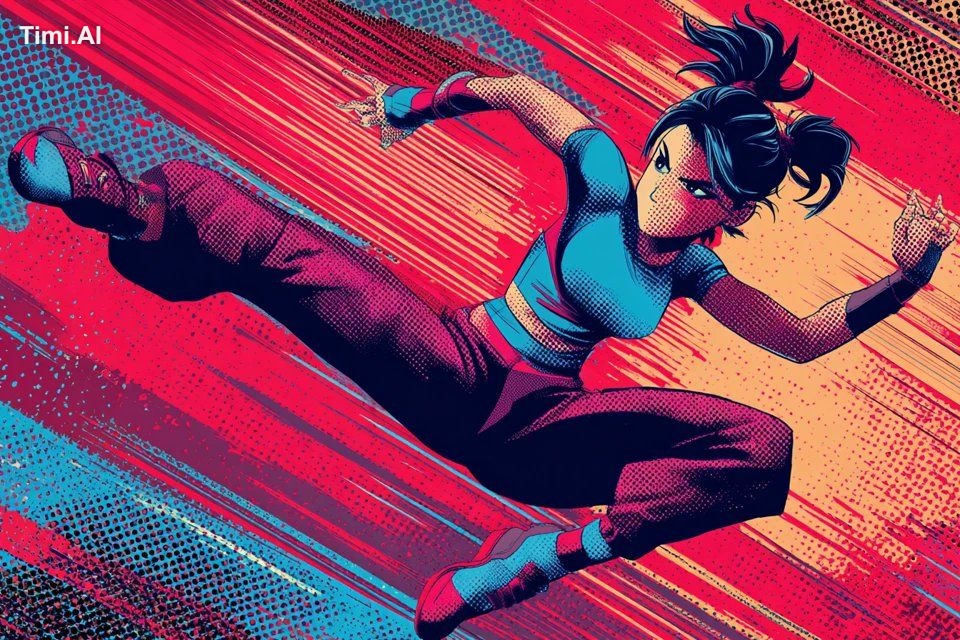 2D cartoon illustration of a [subject] mid-motion in a [dyna