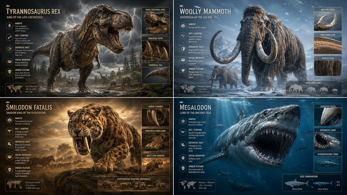 2x2 grid, 16:9, do this for majestic extinct animals input :