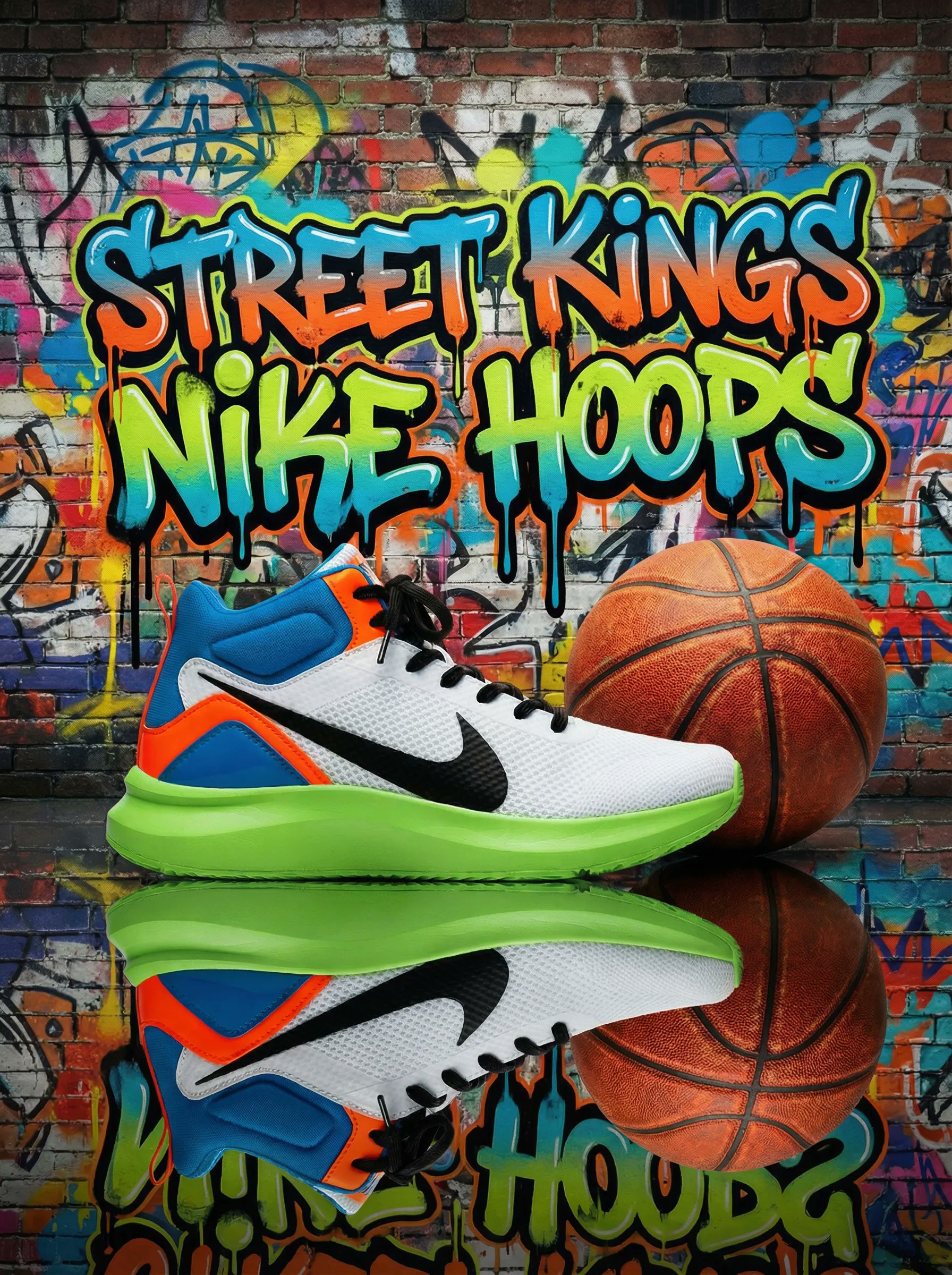 A Nike basketball shoe next to a basketball on a reflective 