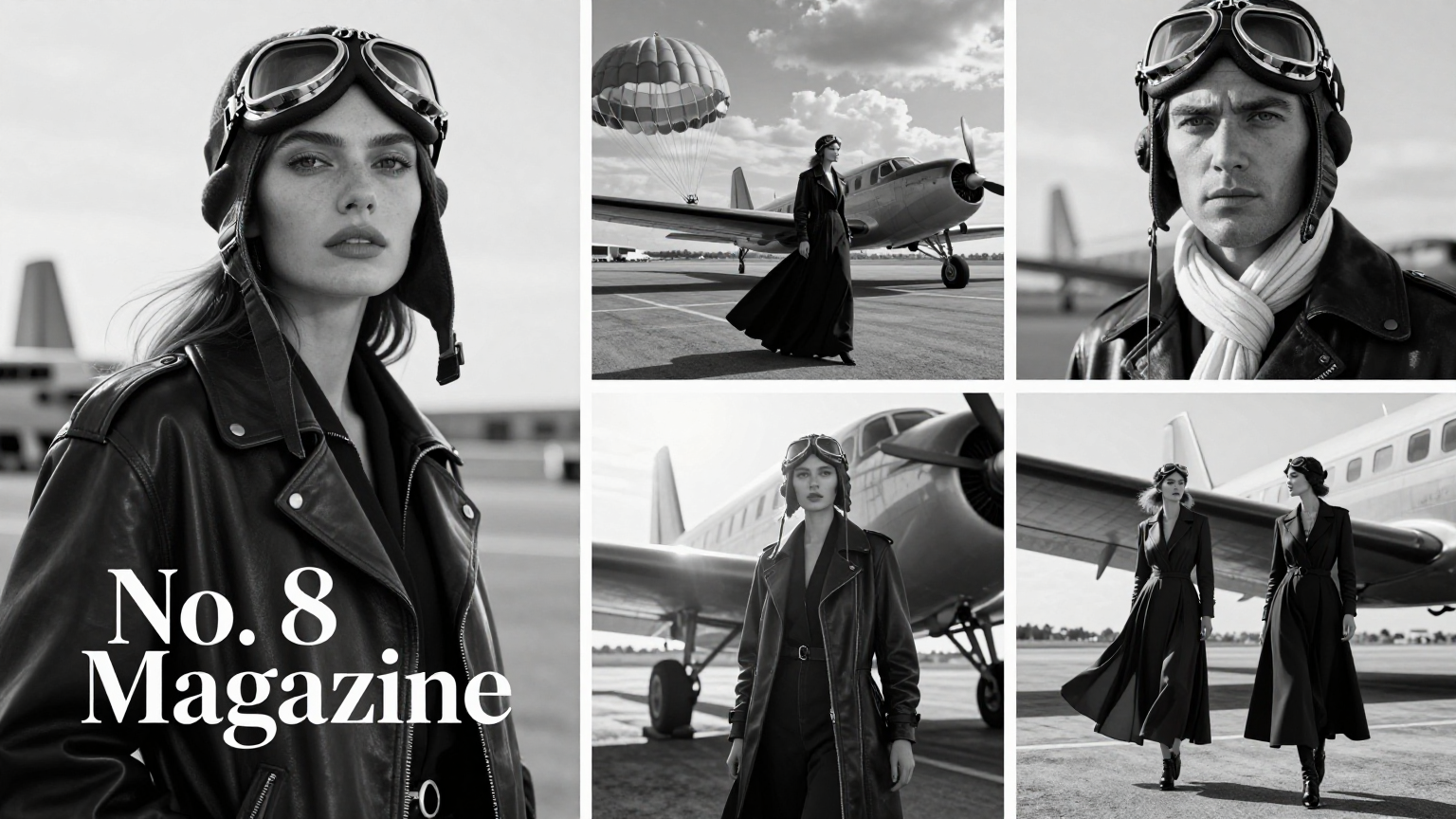 Create a wide panoramic black-and-white luxury fashion edito