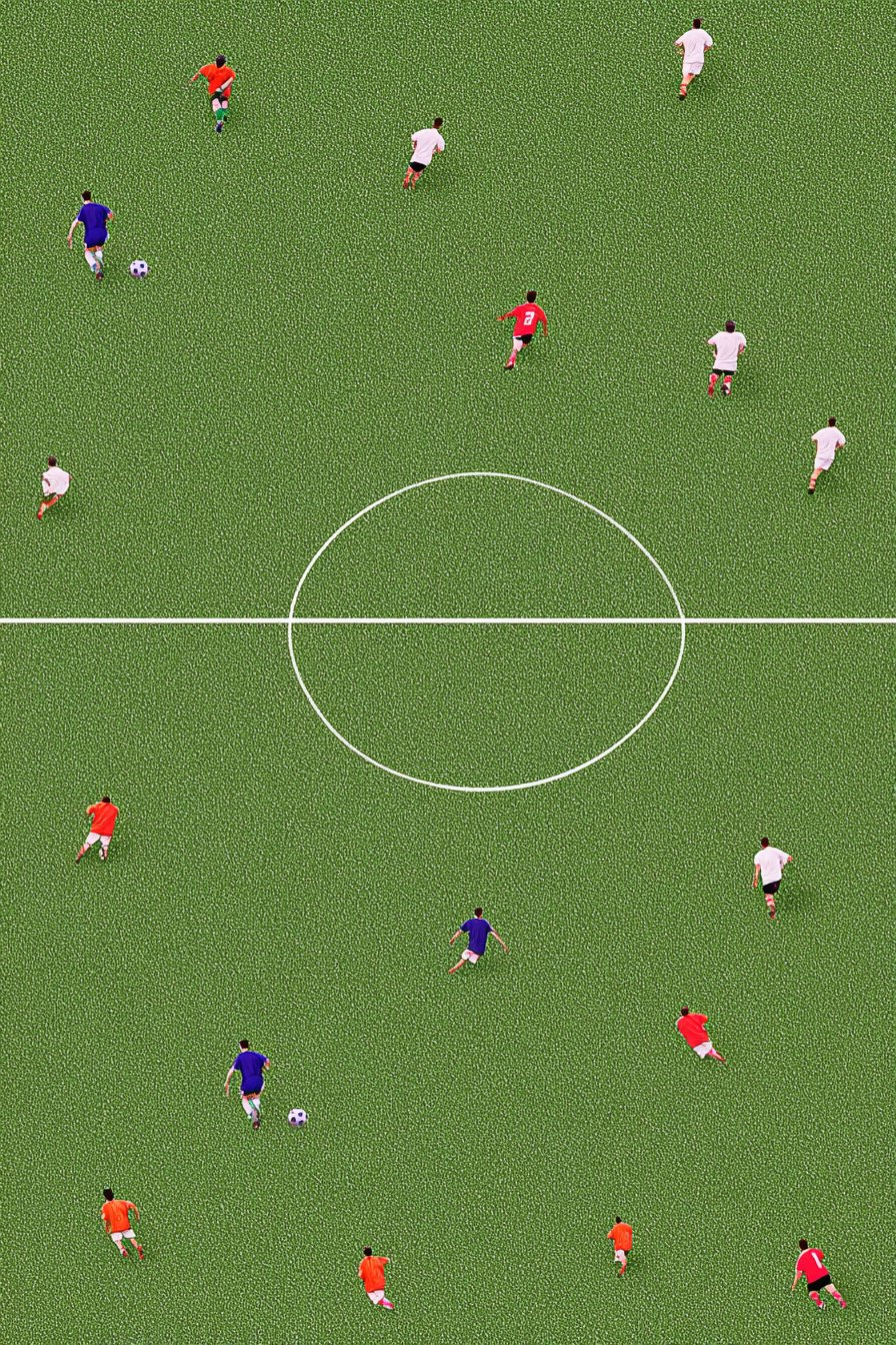 aerial view of a soccer game with multiple players on a gree