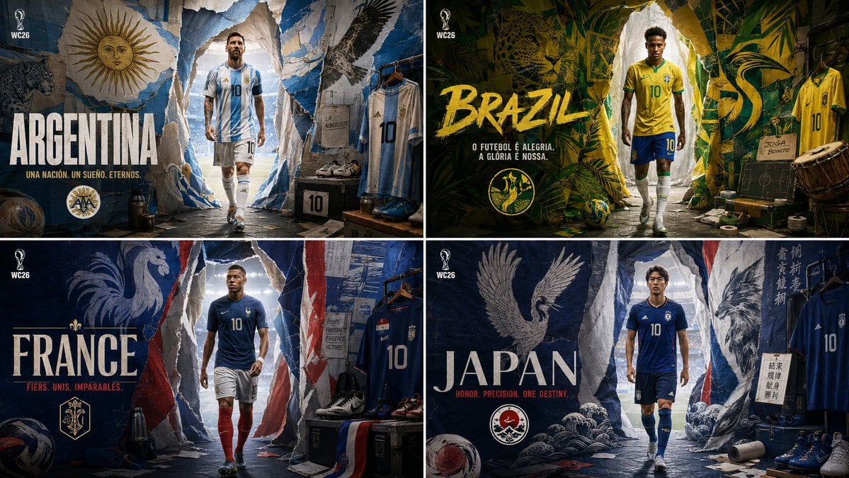 2x2 grid, do this for 4 iconic countries qualified for wc 20