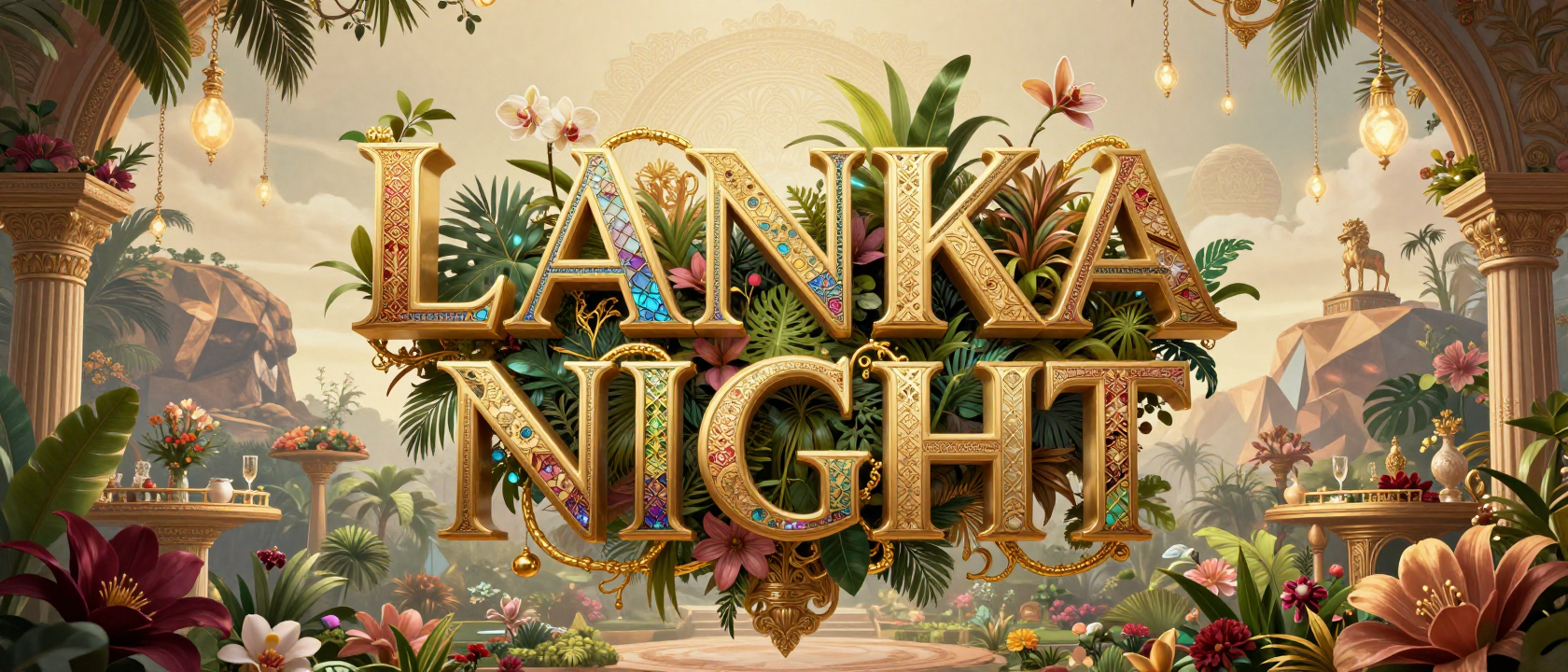 Lanka Night高端晚宴KV，21:9超宽画幅，梦幻插画艺术风格。画面中央漂浮巨大的立体艺术字体“LANKA NI
