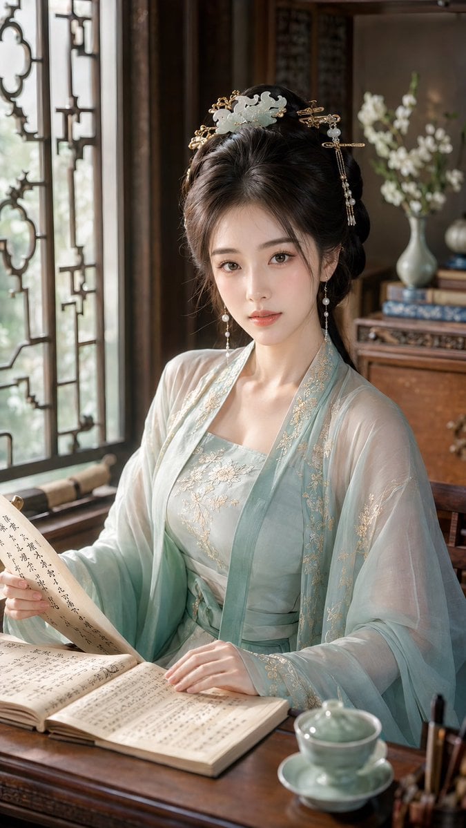 9:16 竖版,古风贵女明艳水光美妆特写,东方水光显妆贵女人像,半身近景构图,人物轻侧身回眸,从背部与肩部轻微转身看向镜