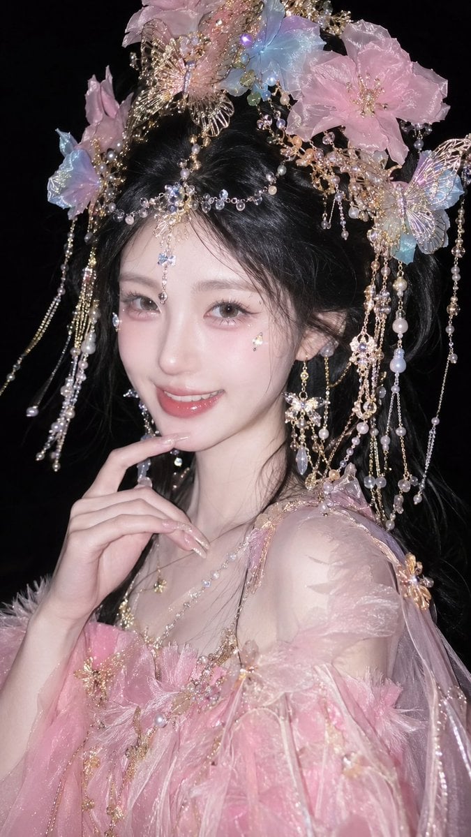 真人摄影，竖版9:16国风幻想写真，手机闪光灯近景半身肖像；年轻女性居中偏右，冷白到象牙白肤调，窄脸尖下巴、浅色美瞳、细
