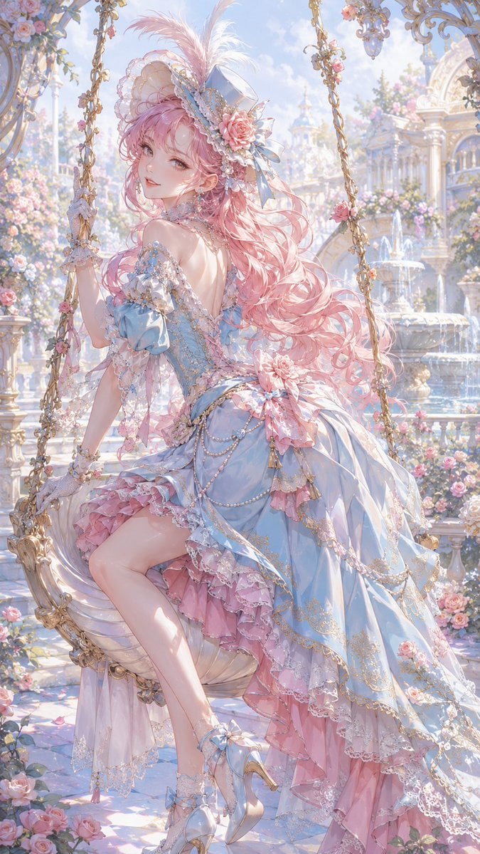 洛可可粉彩宫廷插画
原创成年二次元宫廷风偶像角色,粉金卷发,淡蓝与玫瑰粉礼服,羽毛小帽与珍珠短手套,神情轻快狡黠,坐在