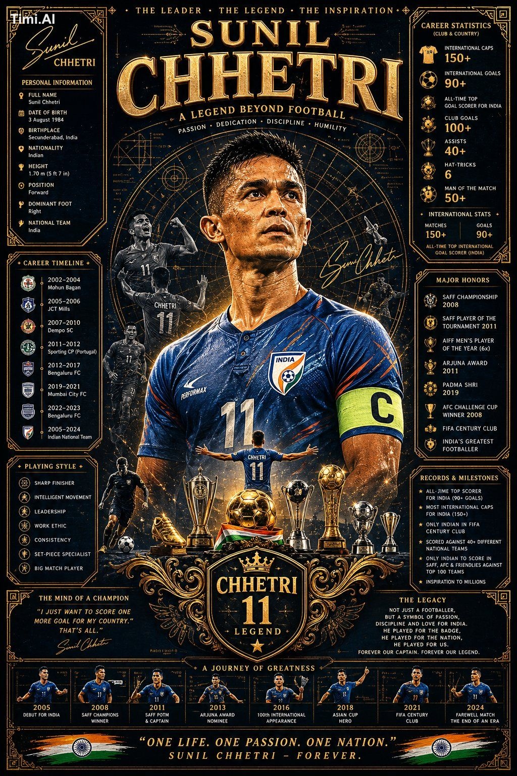 Ultra-detailed luxury tribute poster of Sunil Chhetri, black