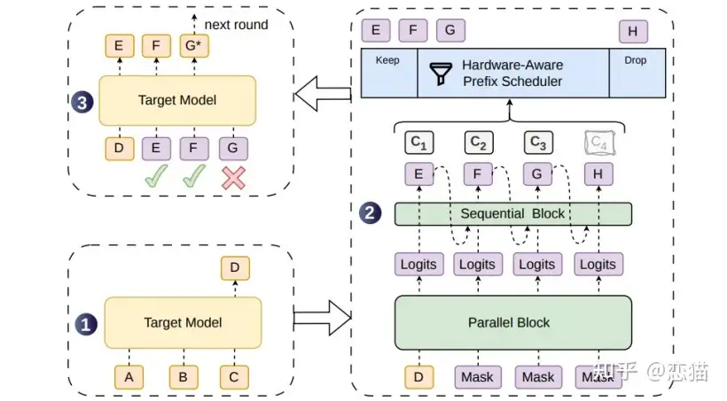 1️⃣ Generates multiple draft tokens in parallel with a singl
