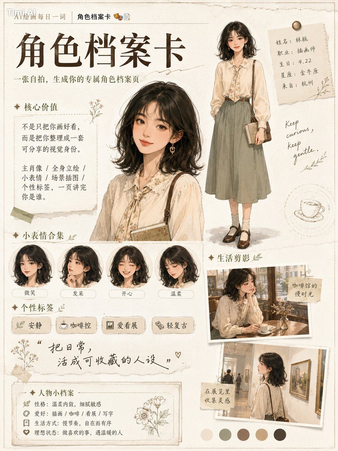 可以直接这样写：

请基于我上传的 3—5 张人物照片，生成一张高完成度的「角色档案卡 / 角色设定页」。

要求：
1