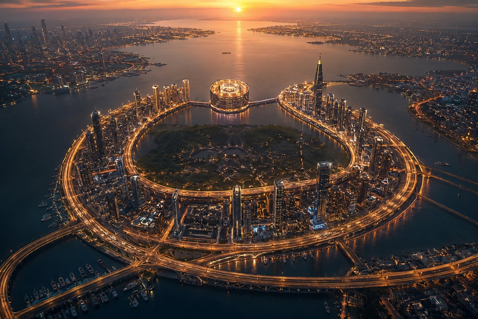 Create a cinematic futuristic aerial scene where the entire 
