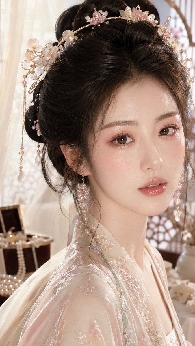 9:16 竖版,古风贵女精致水光妆近景,东方水光显妆贵女人像,肩颈以上美妆特写,极近距离人像构图,人物正面轻微侧脸看向镜