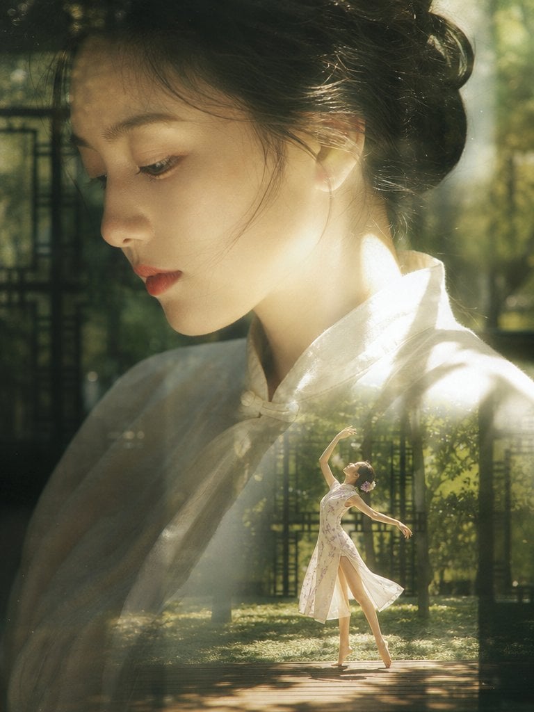 真人摄影、真实人物、梦幻电影感双重曝光人像,竖向画幅,低对比胶片柔焦与玻璃反射叠影。画面主视觉是巨大年轻女性侧脸肖像,占