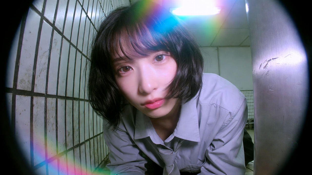 A stunning mid-20s Japanese or Korean woman wearing a light 