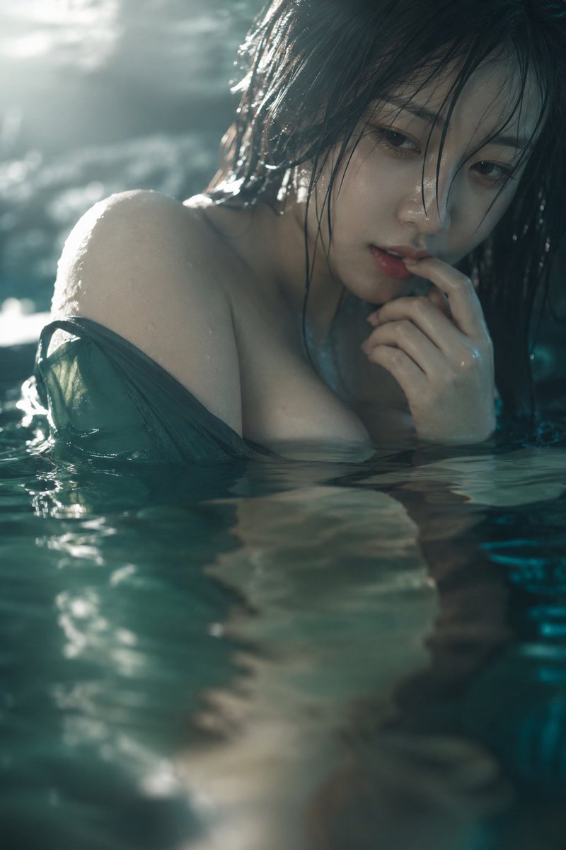 真人摄影、自然光水中近景肖像，竖幅低机位贴近水面，梦幻朦胧氛围，韩系美女，半倚在青绿色水中，脸部位于上方偏右，水面占据下