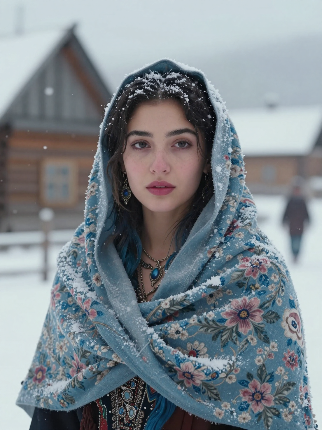 A cinematic portrait of a young Roma woman standing in a sno